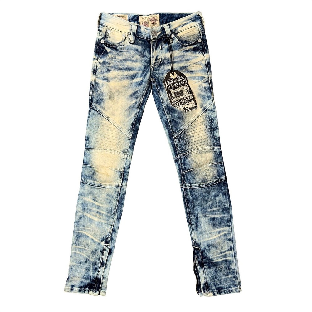 Affliction Raquel Moto Skinny Jeans Sz 24 Blue Acid Wash Ribbed Ankle Zip NEW